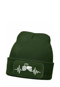 Green knit beanie with a ribbed texture. Features a patch displaying a white tractor and heartbeat line graphic. Adjustable fold-up design.