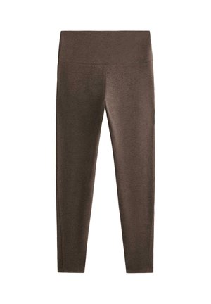 Leggings marroni con una vita ampia, realizzati in un tessuto liscio e elasticizzato, progettati per il comfort e aderenti dalla vita alla caviglia.