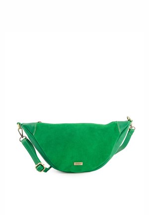 Grüne Wildlederhandtasche mit geschwungenem Design, verstellbarem Tragegurt und Metallbeschlägen. Verfügt über eine strukturierte Oberfläche und ein Logodetail.