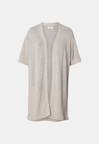Ljus beige öppen cardigan med korta ärmar, tillverkad av stickat tyg. Har en mjuk textur och en avslappnad passform. Inga stängningar.