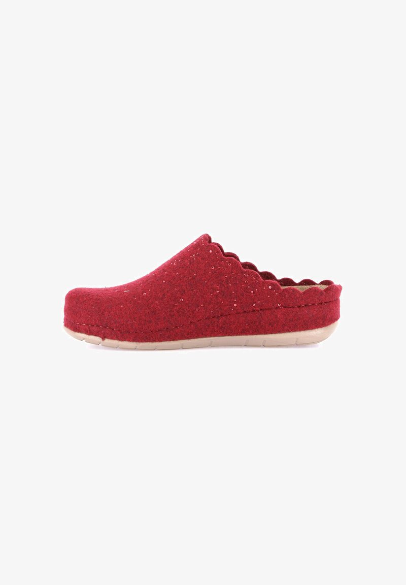 Pantofola scivolosa rossa in feltro con bordo ondulato e dettagli in paillettes sottili, suola beige, mostrata di lato su uno sfondo bianco.