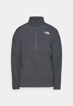 Gray fleece pullover with a half-zip collar, textured top panel, and smooth lower panel. Features front pockets and a white logo on the chest.