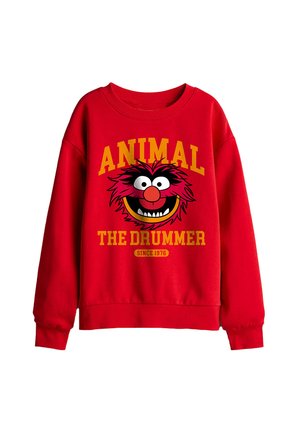 Rotes Sweatshirt mit einem Cartoon-Gesicht mit wildem Haar, großen Augen und roter Nase, mit dem Text "ANIMAL THE DRUMMER SINCE 1976" in Gelb.