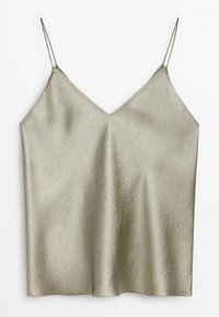 Haut caraco en satin beige sans manches avec fines bretelles spaghetti et encolure en V, présenté à plat sur un fond blanc.