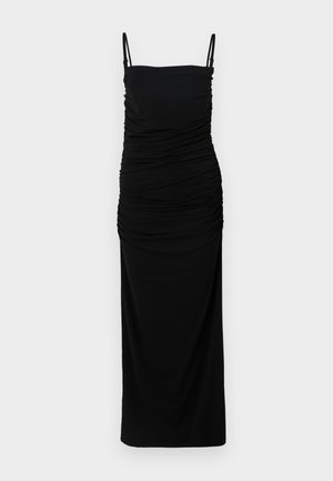 Black ruched maxi dress with slim shoulder straps and a fitted silhouette. Made of soft, smooth fabric with a slight stretch for comfort.
