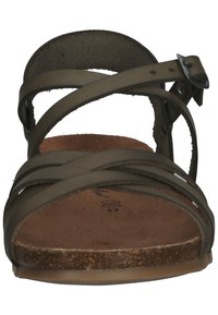 Brown leather sandal with multiple olive straps and a cork footbed. Features a buckle closure and a textured outsole. Size 37.