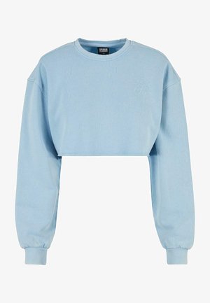 Sweatshirt scurt de culoare albastră deschisă, fabricat dintr-un material moale, având mâneci lungi și un detaliu brodat sub formă de floare pe piept.