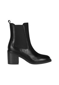 Black leather ankle boot with elastic side panels, rounded toe, and a block heel. Smooth texture with stitching detail and a back pull tab.