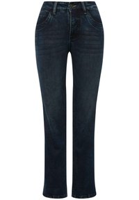 Jeans in denim blu scuro con taglio dritto, cinque tasche, chiusura con bottone frontale e sottili dettagli di scolorimento sulle cosce.