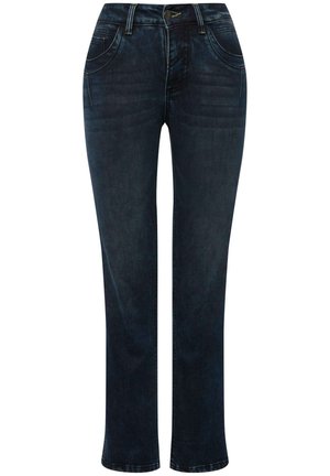 Donkerblauwe denim jeans met een rechte pijp, vijf zakken, sluiting met een knoop aan de voorkant en subtiele vervagingdetails op de dijen.