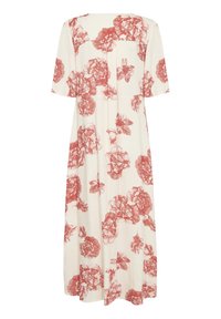 Longue robe blanche avec manches au niveau des coudes et grand motif floral rouge, vue de dos.