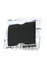 Portefeuille oxmax en cuir noir avec protection RFID, présenté dans un emballage blanc à la marque oxmax, étiqueté "moneybox."