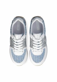 Blue and white sneakers with textured fabric, silver glitter accents, and white laces. Features a round logo on the side and cushioned insole.
