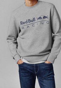 Szara bluza z logo "Red Bull Racing" w kolorze granatowym oraz stylizowanym wzorem graficznym. Noszona z ciemnymi jeansami, ręce w kieszeniach.