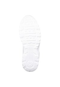 Suela de zapatilla blanca con goma texturizada, que presenta ranuras de drenaje, un patrón circular y el logo "adidas" grabado cerca del talón.