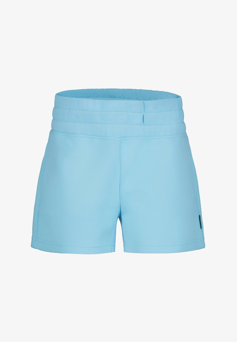 Shorts bleu clair en tissu texturé, dotés d'une large ceinture élastique et de poches latérales pour plus de commodité.