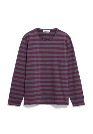 Langärmliges Shirt mit Rundhalsausschnitt, das horizontale Streifen in dunkelburgunder und Grau zeigt. Weiches Material mit entspannter Passform und seitlichen Schlitzen.