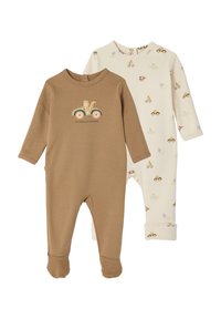 Two long-sleeve baby onesies, one brown with a squirrel in a car graphic, one cream with pattern of animals riding vehicles.
