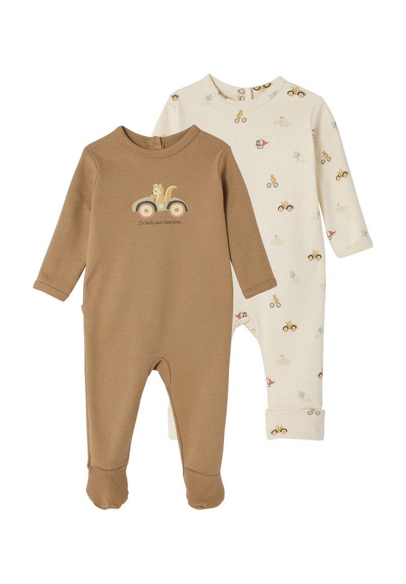 Two long-sleeve baby onesies, one brown with a squirrel in a car graphic, one cream with pattern of animals riding vehicles.