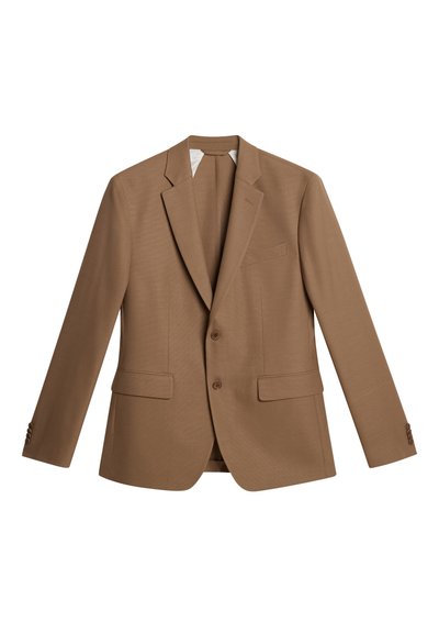 Brauner Blazer aus strukturiertem Stoff, mit einreihigem Design, Reverskragen, zwei Vorderaschen und Zwei-Knopf-Verschluss.