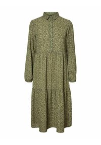 Abito lungo a maniche lunghe verde con colletto, design a strati, apertura con bottoni sul davanti e tessuto morbido e dalla texture piacevole.