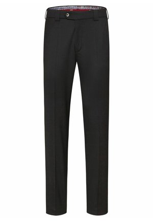 Zwarte pantalons met een recht model, gemaakt van een gladde stof. Voorzien van een knoopsluiting en een met patroon versierde binnenband.