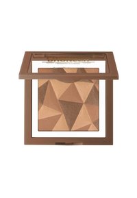 Cipria bronzante in una confezione quadrata, con un motivo geometrico in tonalità di marrone e bronzo, racchiusa in un contenitore con coperchio trasparente.