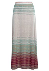 Lang, let strikket nederdel i beige med zigzag mønstre i turkis, orange og lilla. Har en subtil tekstur og elastisk talje.