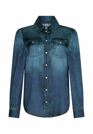 Tummansininen farkkupaita, jossa pitkät hihat, edessä napit, terävä kaulus ja kaksi napillista rintataskua.