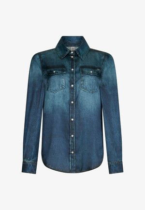Dark blue denim long-sleeve shirt with button front, pointed collar, and two buttoned chest pockets.