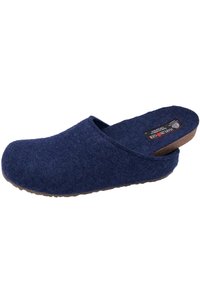 Navy wool felt clogs with a closed toe and an open back, featuring a cushioned insole and textured rubber sole for grip.