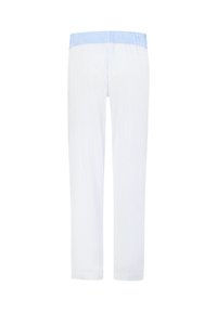 Lightweight, striped pajama pants in white and light blue, featuring an elastic waistband and straight leg design. Smooth texture.