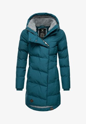 Teal puhast plašč s kapuco, ki ima strukturirano sivo podlogo, diagonalni zadrgo z ježkom in logotip na spodnjem robu.