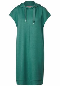 Groene jurk met capuchon van gladde stof, voorzien van korte mouwen, een trekkoorddetail en een relaxte pasvorm. Eenvoudig ontwerp zonder patronen.