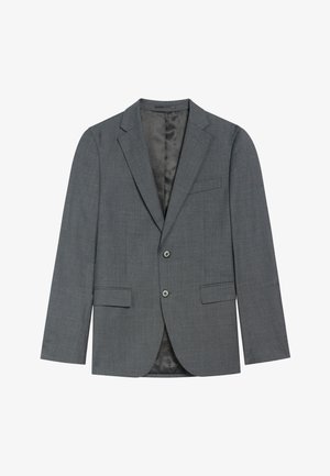 Szara marynarka wykonana z teksturowanej tkaniny, z zapięciem na dwa guziki, klapami z wycięciem i dwoma przednimi kieszeniami. Wnętrze podszyte gładką tkaniną.