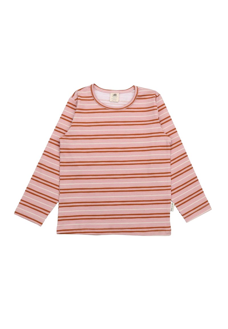 Langarmhemd aus weichem Stoff, mit horizontalen Streifen in Pink, Weiß und Rostfarben. Rundhalsausschnitt, lockere Passform.