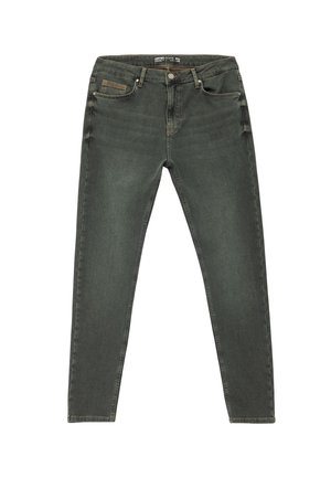Ciemnozielone dżinsy o slim fit. Posiadają przednie kieszenie, delikatną metkę w pasie oraz gładką teksturę z minimalnym wypłowieniem.