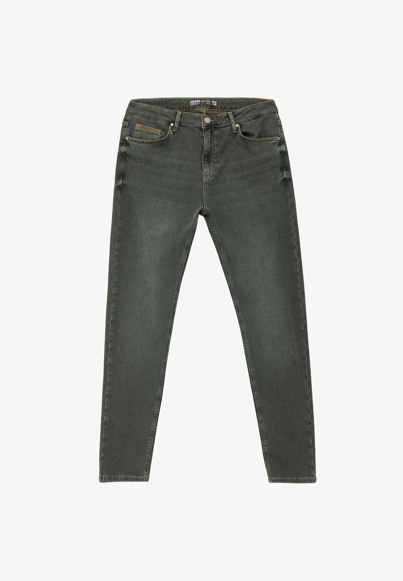Dunkelgrüne Jeans aus Denim mit slim fit. Merkmale sind Fronttaschen, ein dezent angebrachter Taillenschild und eine glatte Textur mit minimaler Ausbleichung.