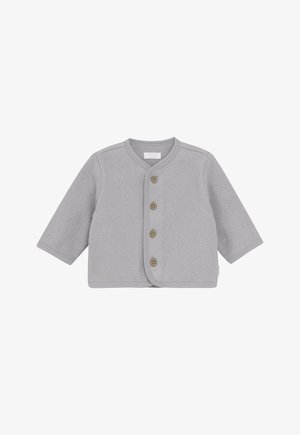 Helle graue Babykardigan mit langen Ärmeln und vier Holzknöpfen auf der Vorderseite, aus weichem strukturiertem Stoff.