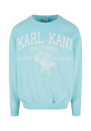 Sudadera azul claro de algodón, con el texto blanco "KARL KANI" y un gráfico de un águila, con puños y dobladillo acanalados. Ajuste casual.