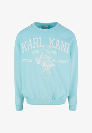 Sudadera azul claro de algodón, con el texto blanco "KARL KANI" y un gráfico de un águila, con puños y dobladillo acanalados. Ajuste casual.
