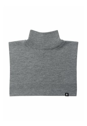 Grauer Rollkragenpullover mit gerippter Textur, hohem Kragen und einem Logotag in der unteren rechten Ecke. Glattes Strickgewebe, cropped Design.