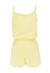 Rompers giallo con spalline sottili, vita elastica, top e pantaloni corti a vestibilità ampia, realizzati in un tessuto liscio e leggero.