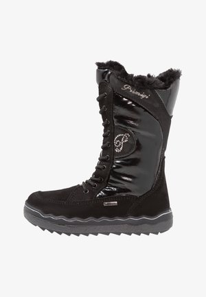 Bottines d'hiver imperméables noires avec une combinaison de textures brillantes et mates, design à lacets, bord en fausse fourrure et détail de logo clouté.