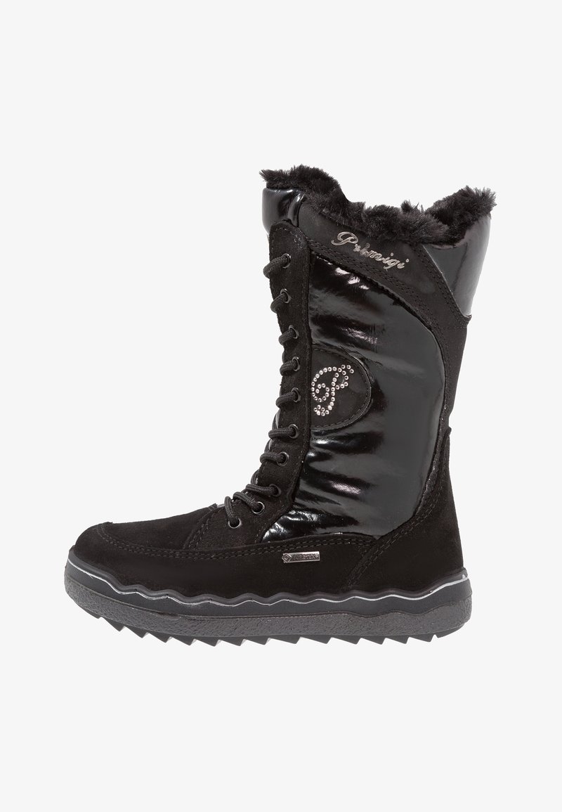 Bottines d'hiver imperméables noires avec une combinaison de textures brillantes et mates, design à lacets, bord en fausse fourrure et détail de logo clouté.