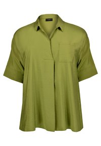 Olive green short-sleeve shirt made of smooth fabric; features a front pocket and a fold-over collar; relaxed, boxy shape.