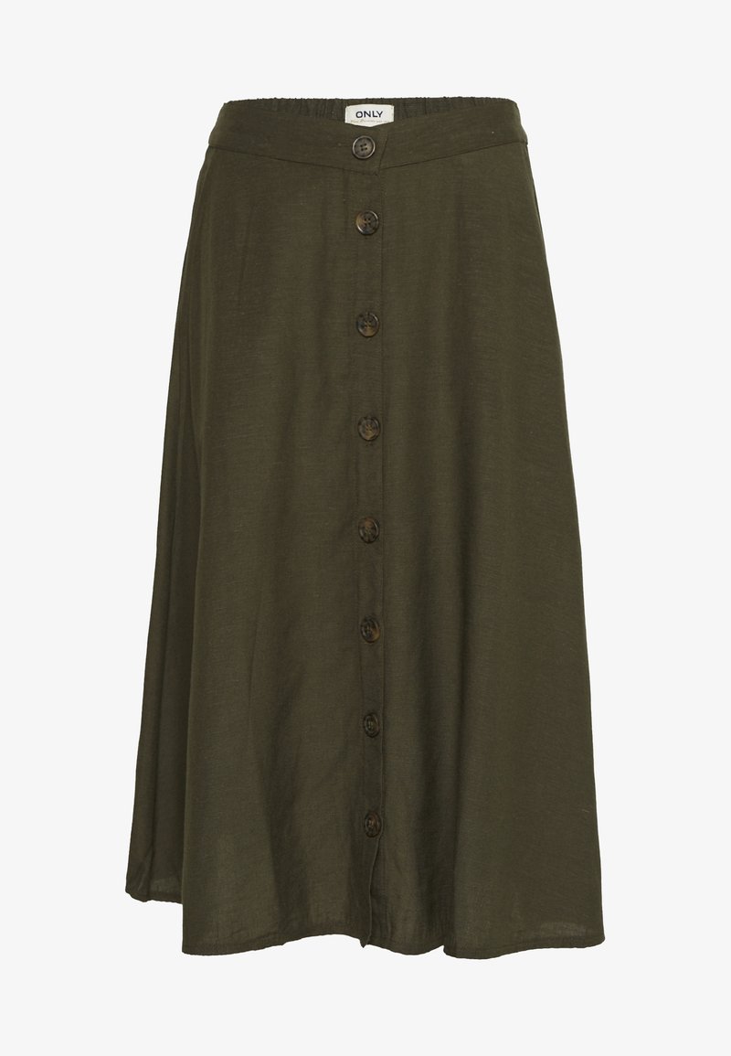 Jupe vert foncé longueur genou avec fermeture à boutons sur le devant, taille élastique et léger évasement à l'ourlet.
