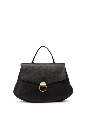 Sac à main en cuir noir texturé avec poignée supérieure et fermoir en métal doré sur le rabat avant, présenté sur fond blanc.