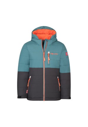 Kinder-Winterjacke mit Kapuze in Türkis und Dunkelgrau mit orangefarbenen Reißverschlüssen, Futter, Trollkids-Logo auf der Brust und norwegischer Flagge am Ärmel.