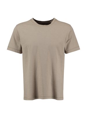 Beżowa koszulka z krótkim rękawem o okrągłym dekolcie. Miękka faktura i prosty krój. Posiada proste przeszycia wokół rękawów i dołu.